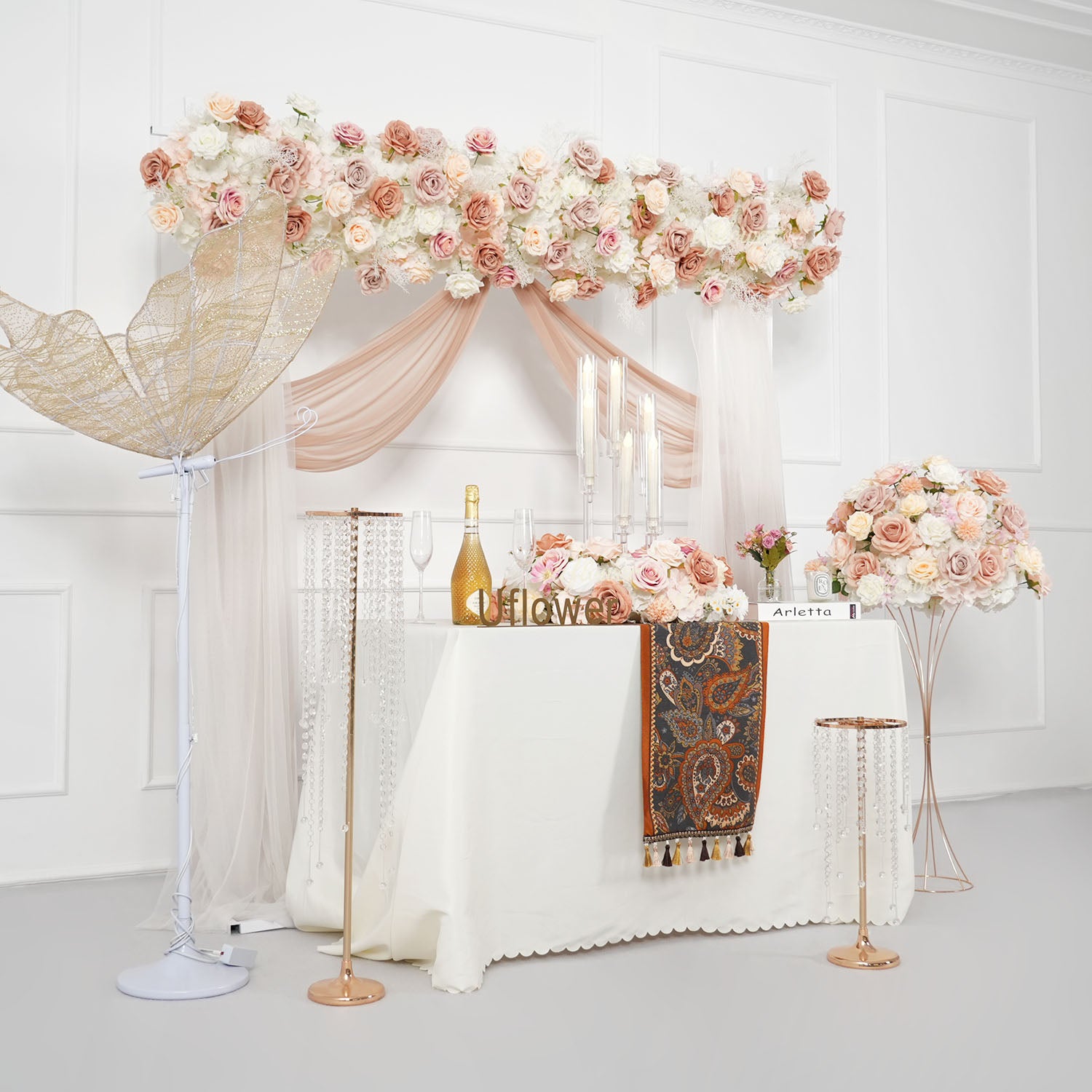 Uflower Champagne Pink Rose Arrangement Wedding Backdrop Floral Props